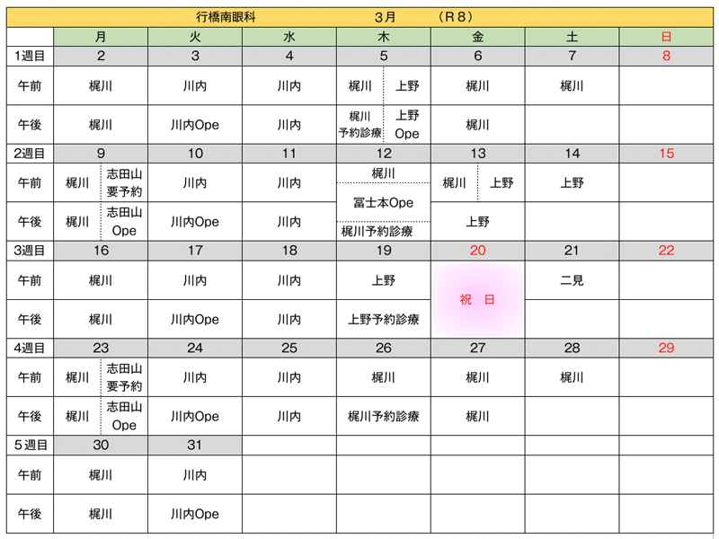 担当医カレンダー